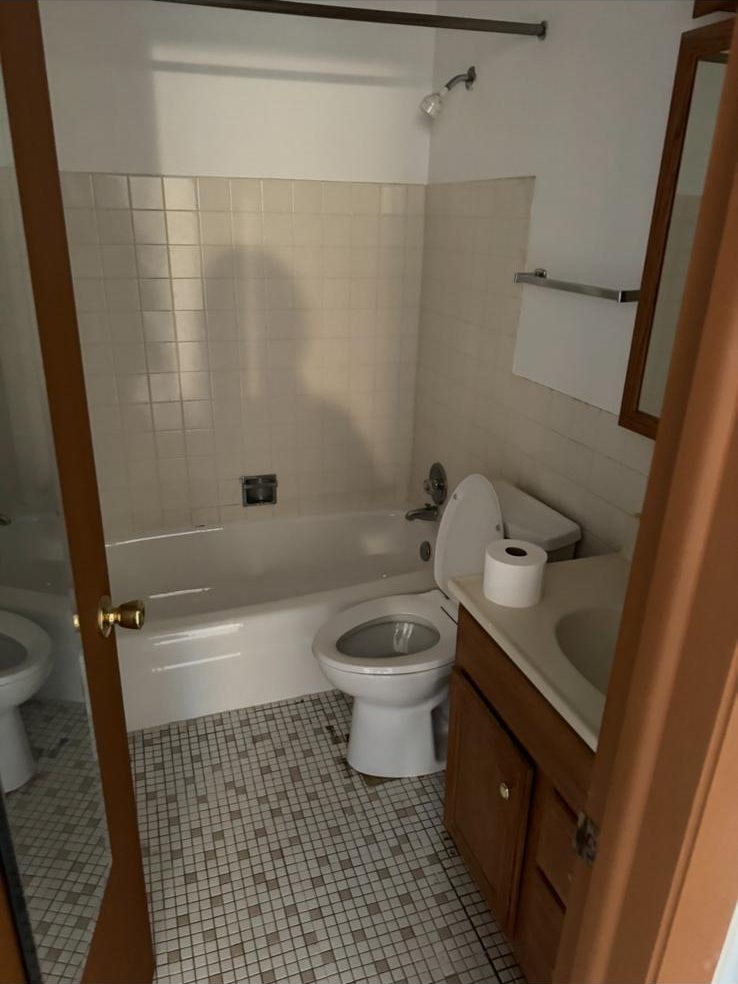The bathroom before the remodel, with old wall tile, mosaic floor and a wood vanity